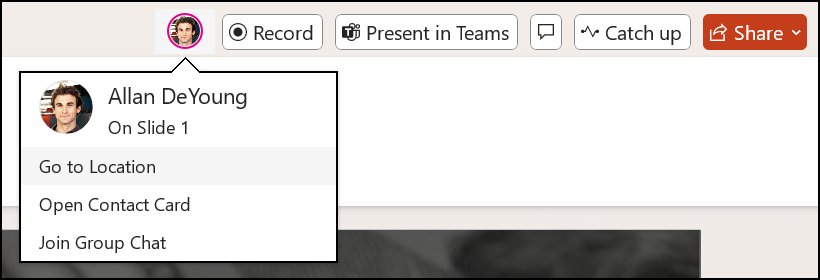 PowerPoint presence flyout showing a collaborator's name and Join Group Chat option