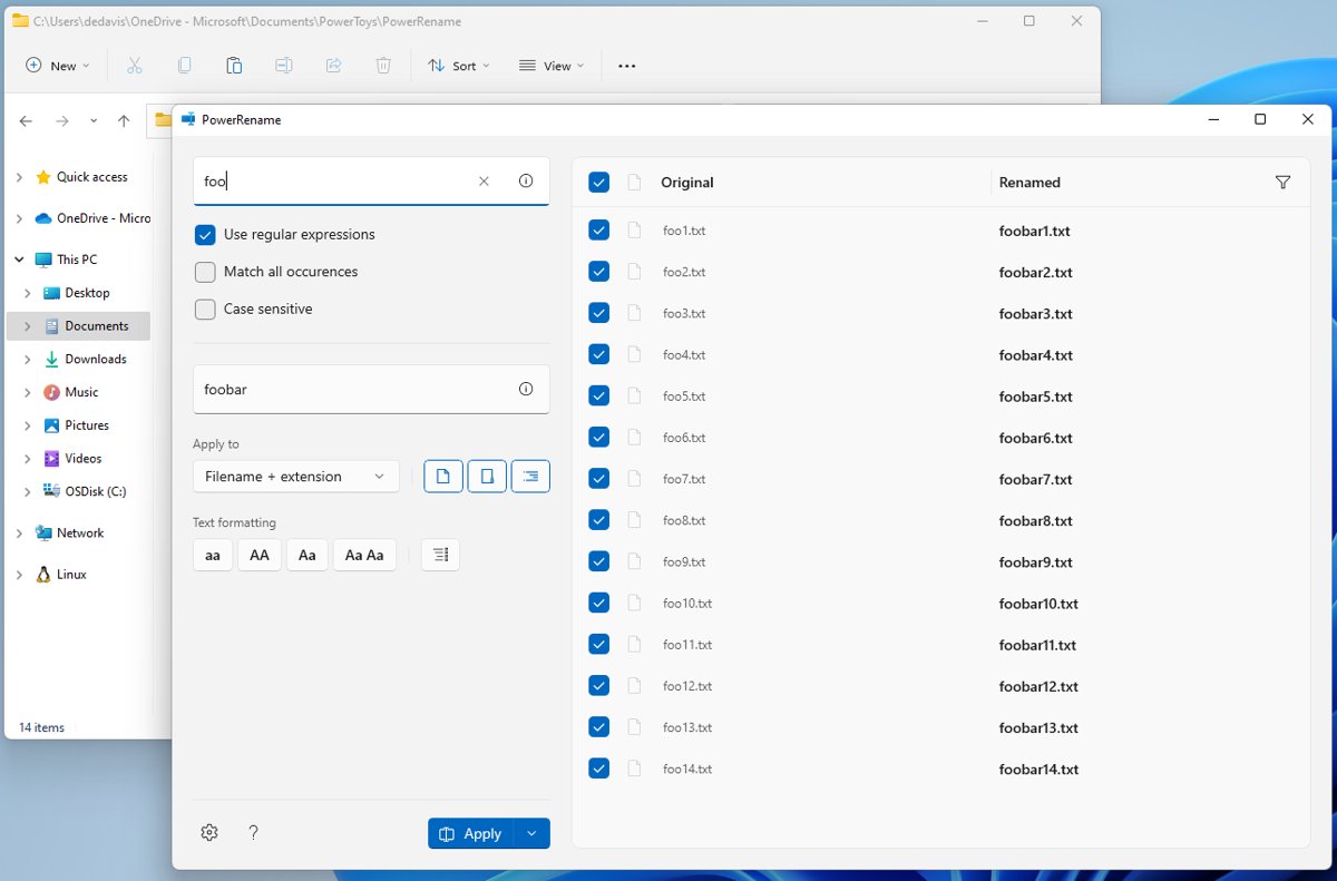 PowerRename preview pane showing files renamed from foo to foobar