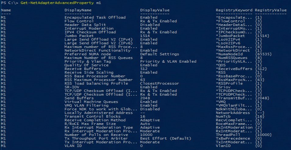 PowerShell Get-NetAdapterAdvancedProperty output listing driver settings for an adapter