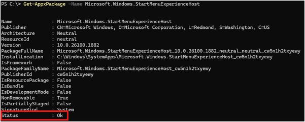 PowerShell output confirming the Start menu package status is OK