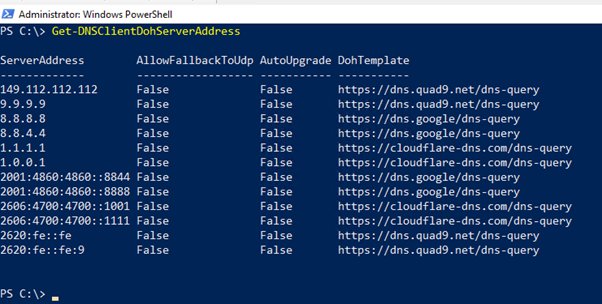 PowerShell window listing Windows' known DNS-over-HTTPS server addresses