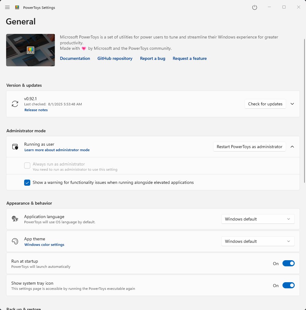 PowerToys General settings page with Run at startup switched on