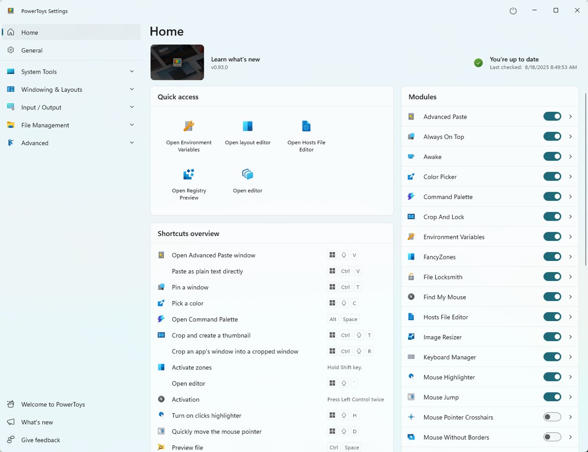 PowerToys Home tab with Keyboard Manager enabled in the Modules list