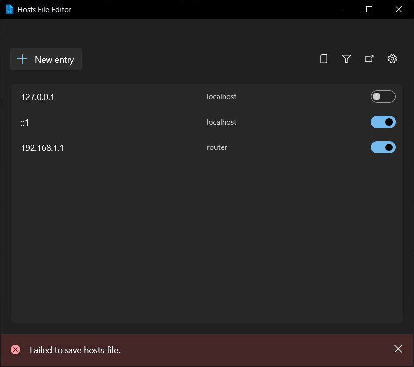 PowerToys Hosts File Editor showing a failed to save hosts file error