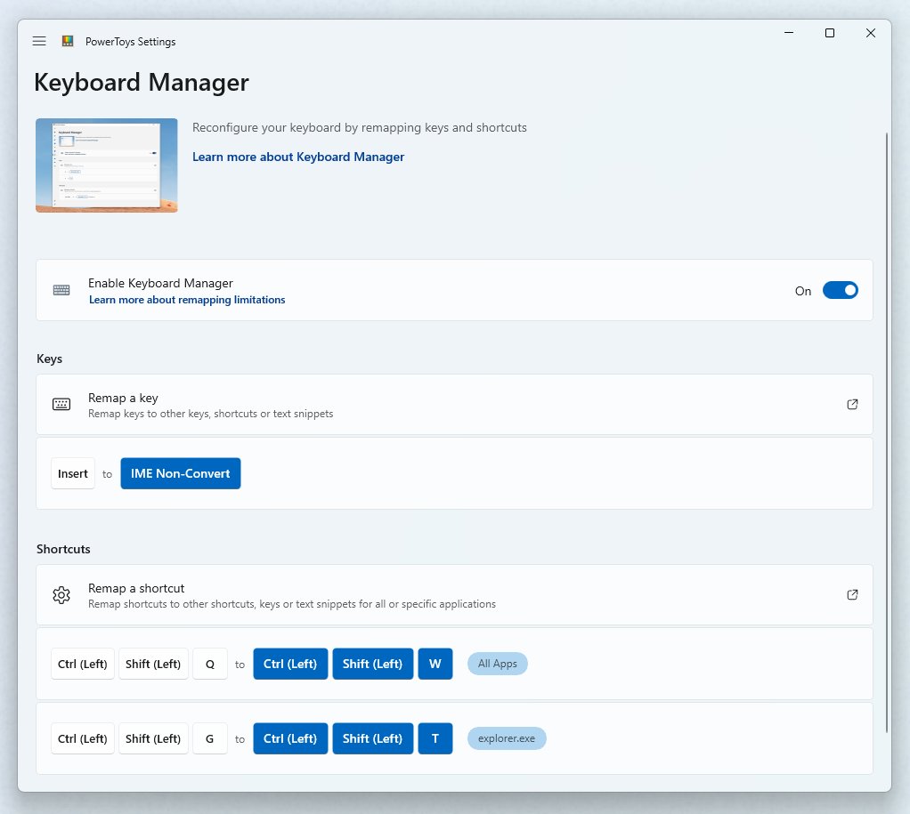 PowerToys Keyboard Manager page showing shortcut remaps with target apps