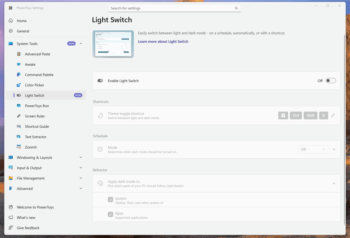 PowerToys Light Switch settings with Enable Light Switch and Schedule Mode