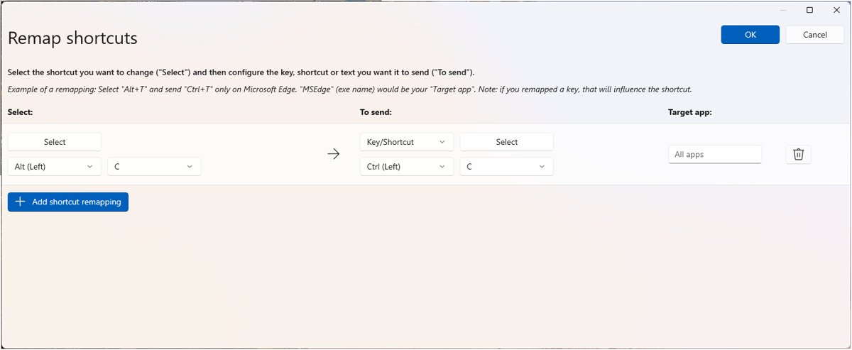 PowerToys remap shortcuts dialog with Select, To send, and Target app fields