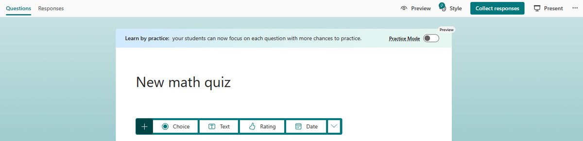 Practice Mode toggle in the Microsoft Forms quiz banner