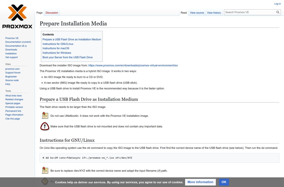 Proxmox VE wiki page on writing the ISO to a USB drive