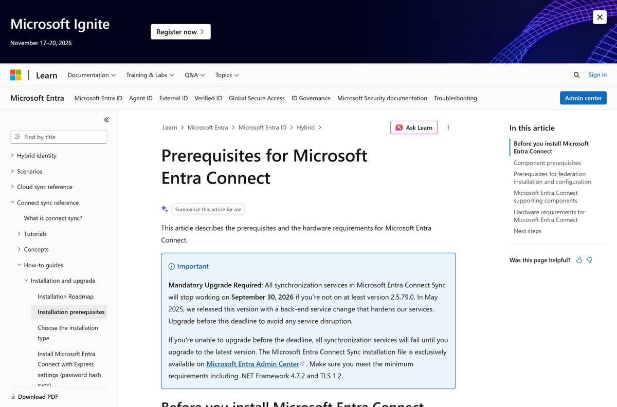 Microsoft Learn prerequisites page showing hardware sizing by directory object count