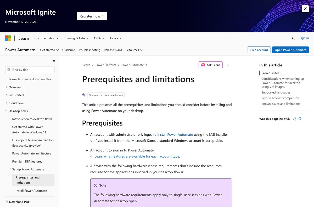 Prerequisites page listing processor, RAM and storage figures for Power Automate