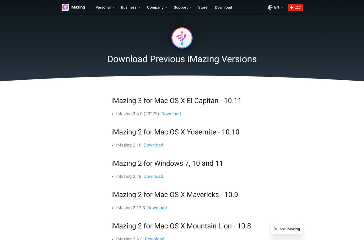 iMazing previous versions page listing builds for older systems