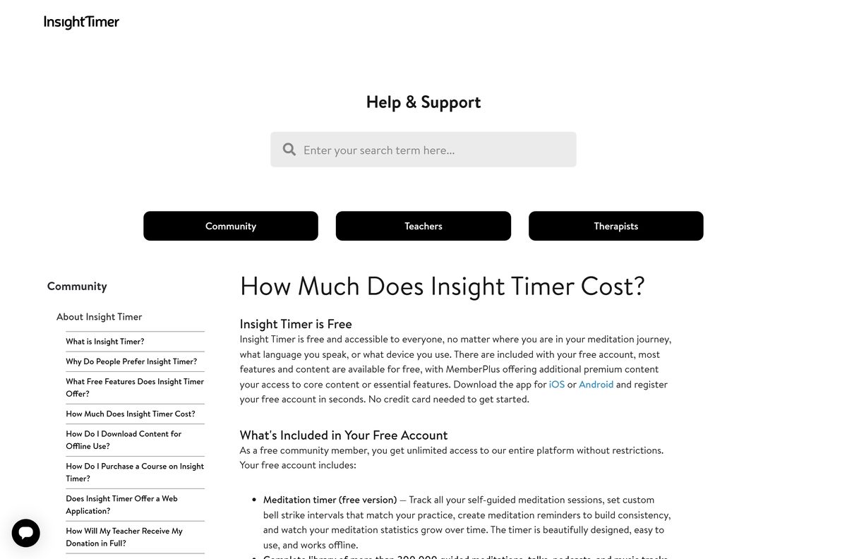 Help article explaining what Insight Timer costs and includes