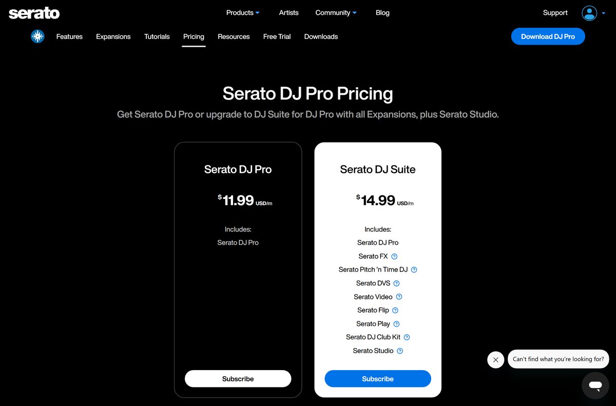 Pricing page comparing Serato DJ Pro and the DJ Suite bundle