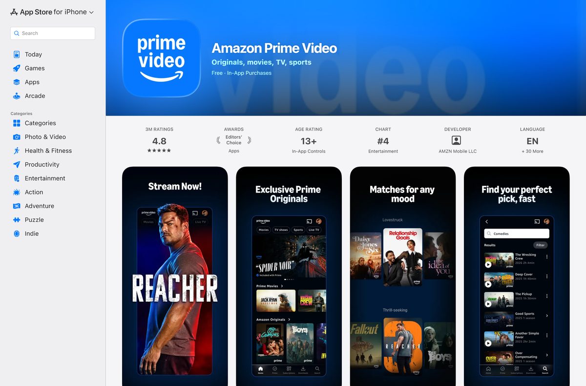 App Store listing for Amazon Prime Video on iPhone, iPad and Mac