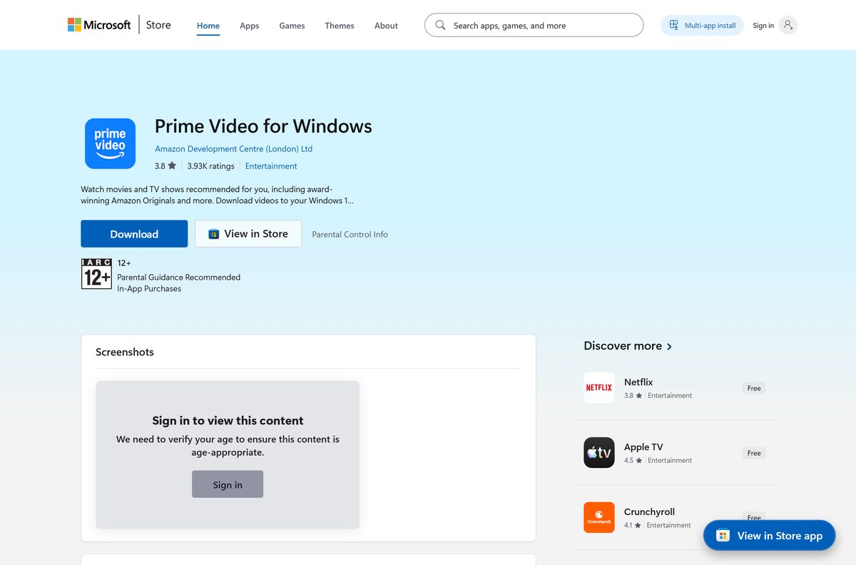Microsoft Store listing for Prime Video with publisher and Get button