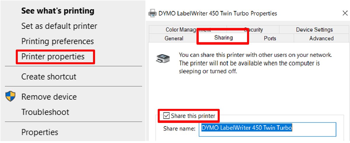 Printer Properties Sharing tab with Share this printer turned on