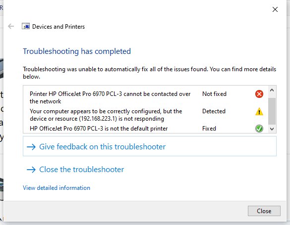 Printer troubleshooter results listing a network printer as not contacted