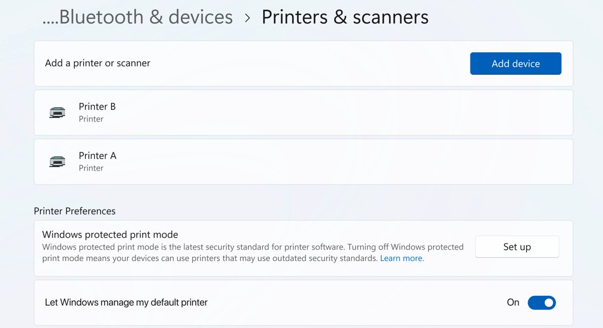 Printers & scanners settings page with Add device button highlighted