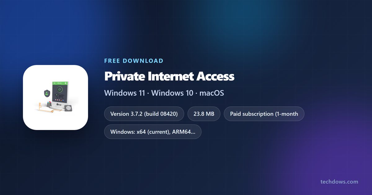 Private Internet Access spec card with version, price and platforms