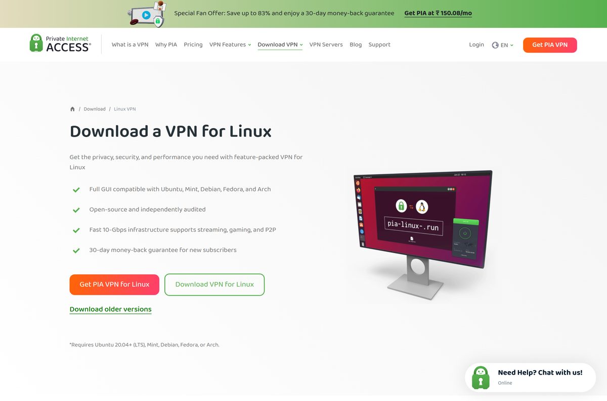 Private Internet Access Linux page listing supported distributions