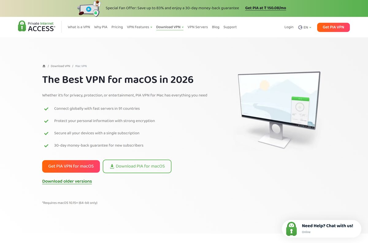Private Internet Access Mac download page and its requirements table