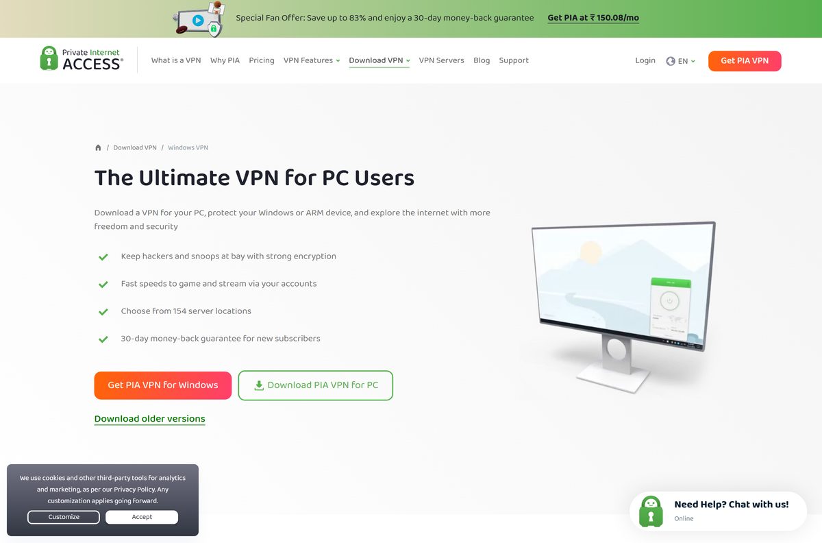 Private Internet Access Windows page with 64-bit and ARM download buttons