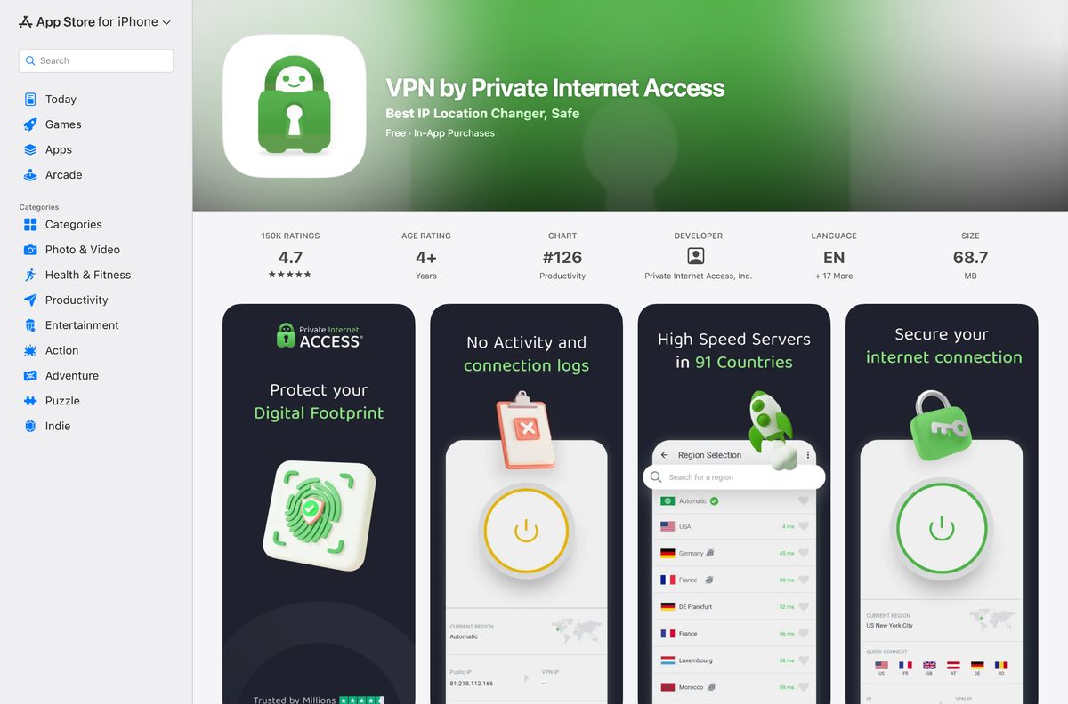 App Store listing for Private Internet Access with ratings and compatibility