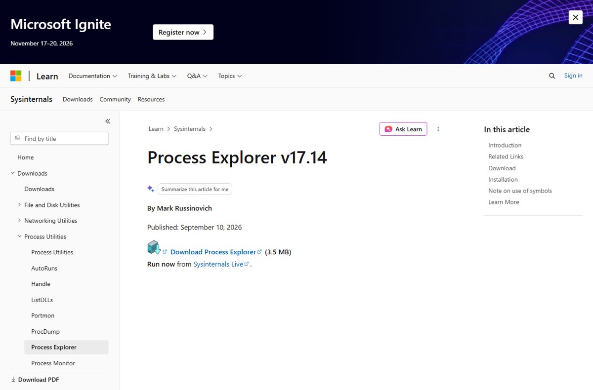 Process Explorer download page on Microsoft Learn listing version and links