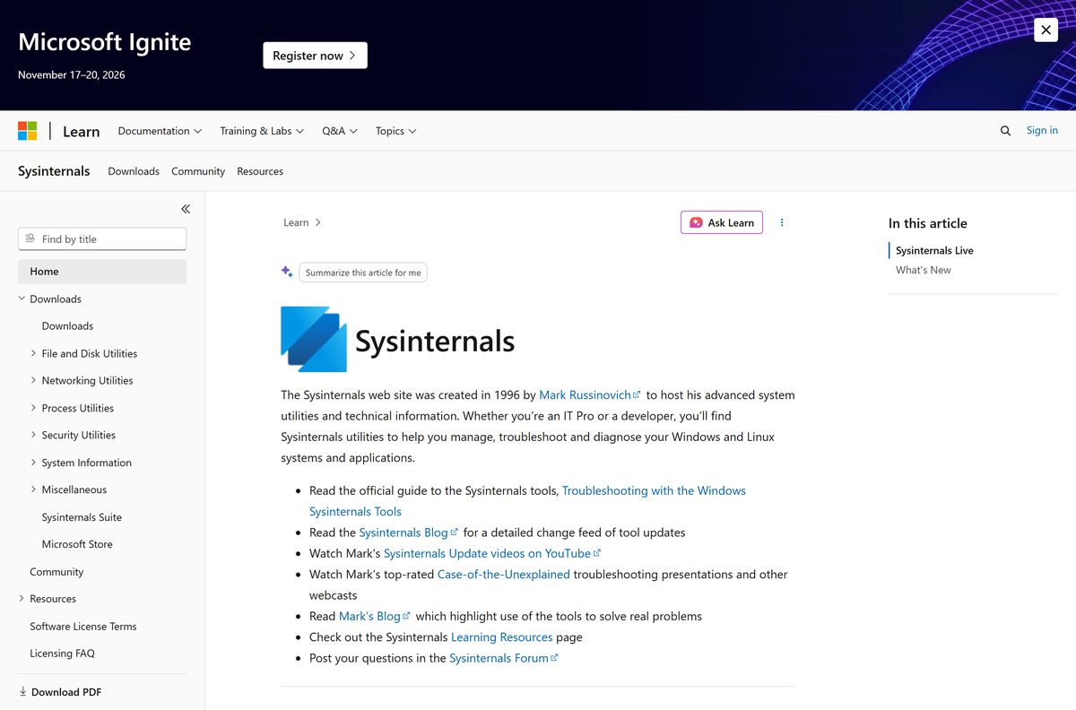 Process Explorer page on Microsoft Learn with the download link