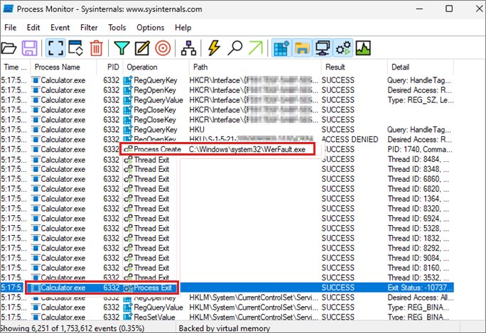 Process Monitor trace with WerFault process create and access denied events highlighted