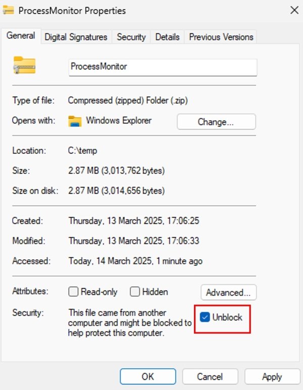 ProcessMonitor zip Properties dialog with Unblock checkbox selected