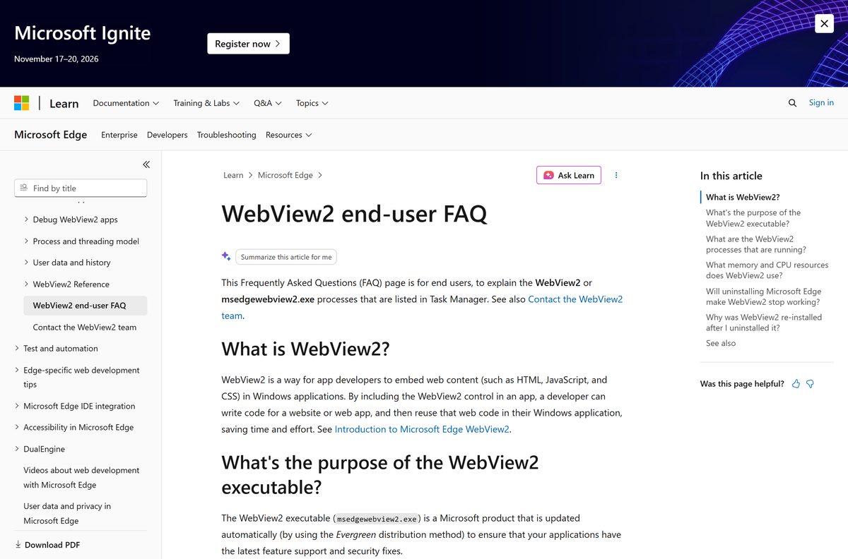 Task Manager processes tab grouped under an app using WebView2