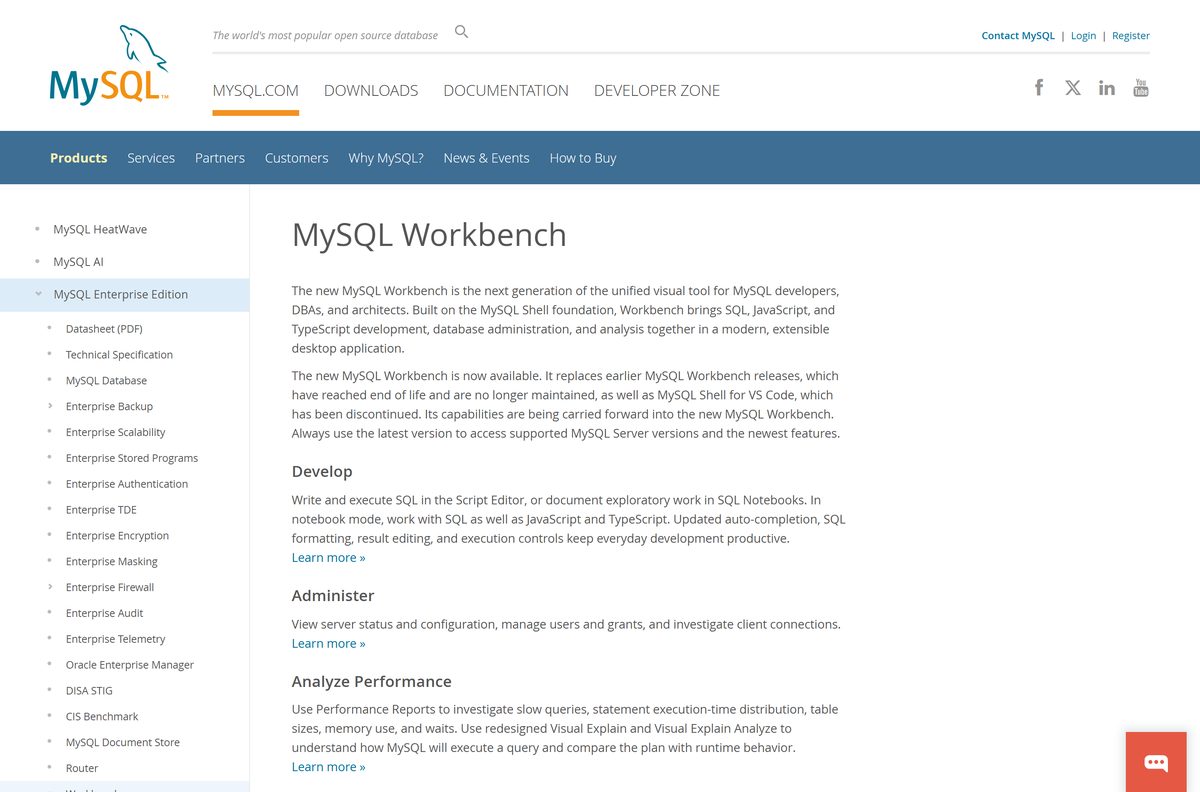 Oracle product page describing the visual database design and administration tool