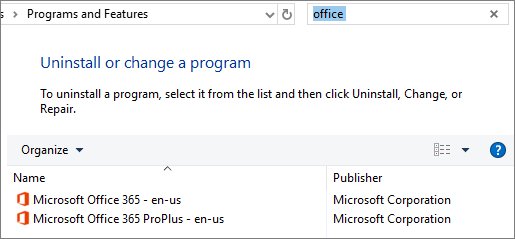 Programs and Features list showing two separate Office 365 installations