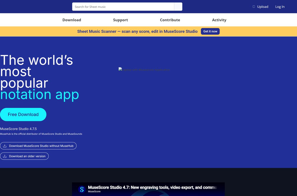 Project home page offering the free MuseScore Studio download