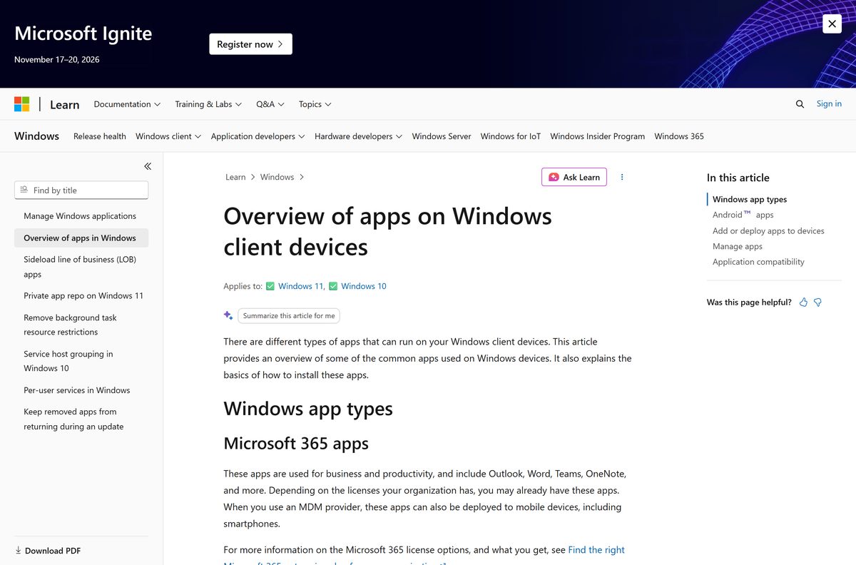 Microsoft Learn page explaining installed and provisioned Windows apps