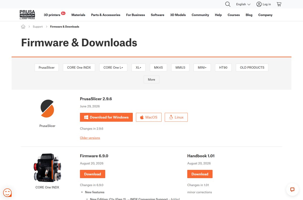 Prusa downloads hub listing PrusaSlicer next to printer firmware