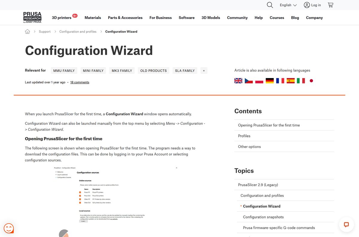 Configuration Wizard article for PrusaSlicer printer and update settings