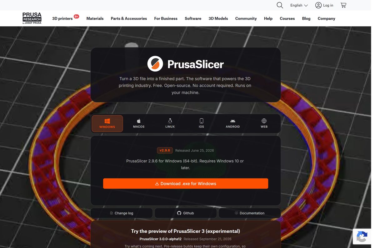 Official PrusaSlicer page with Windows, macOS and Linux download tabs