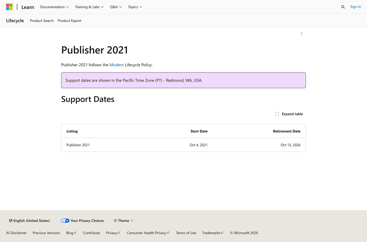 Microsoft Lifecycle page listing support dates for the 2021 classic version