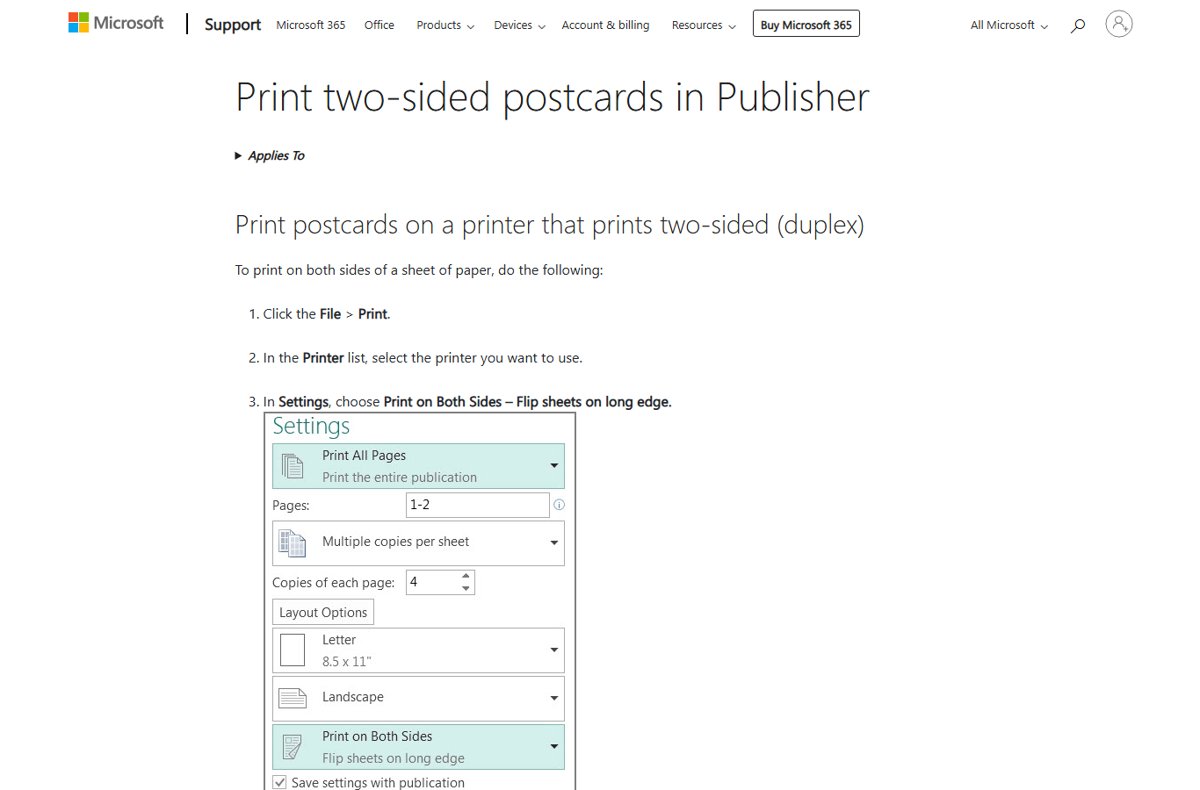Publisher print Settings panel with Flip sheets on long edge selected