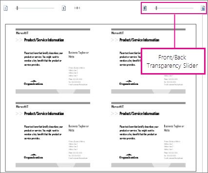 Publisher print preview showing the Front/Back Transparency slider