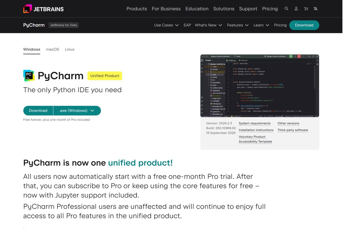 JetBrains download page with Windows, macOS and Linux tabs