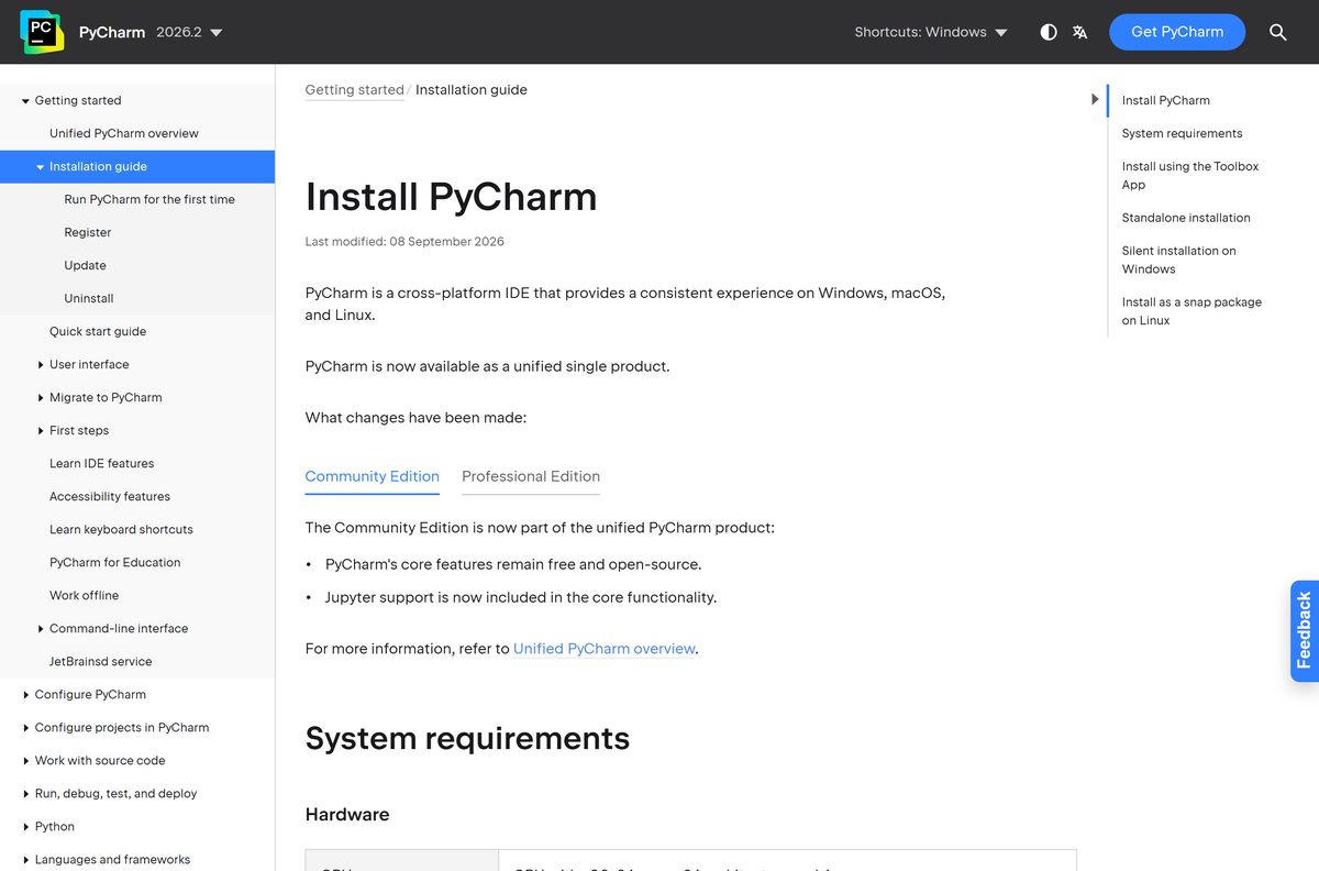 PyCharm installation guide listing hardware and operating system requirements