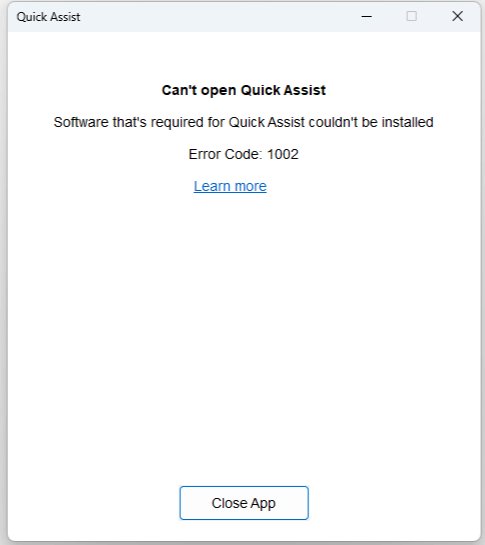 Quick Assist window showing a Can't open error, Code 1002