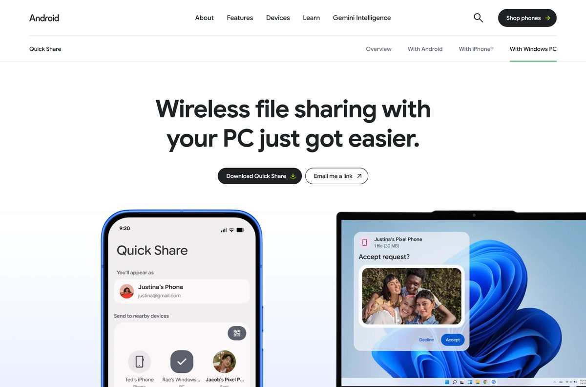 Google's android.com page with the Windows download button