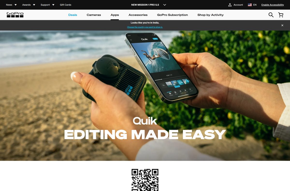 Official Quik app page on gopro.com with editing features