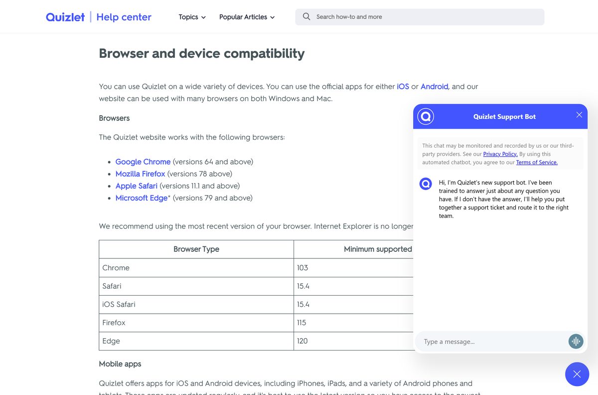 Quizlet help page listing supported browsers and devices