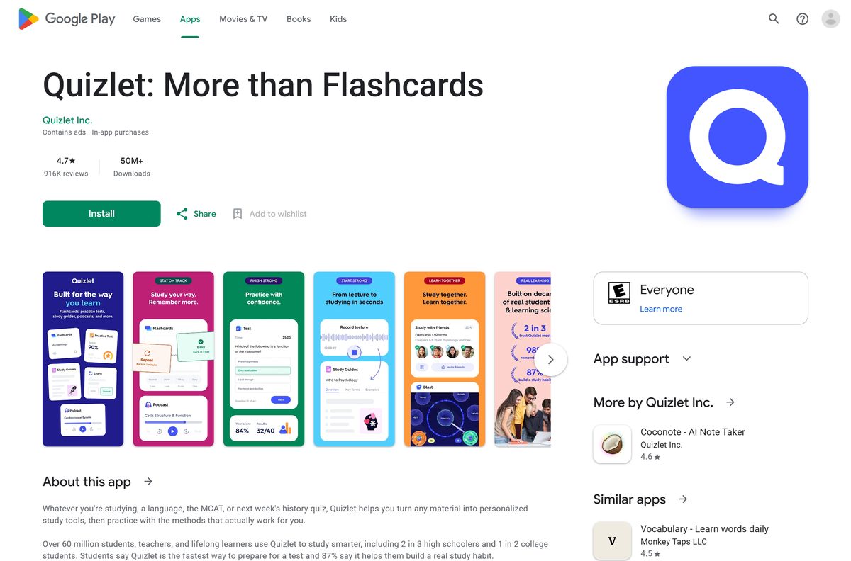 Google Play listing for Quizlet showing downloads and reviews